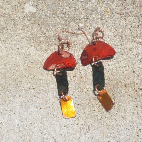 Modernist Geometric Blue Yellow Red Pure Copper Dangle Earrings Solid Handmade - Picture 6 of 8